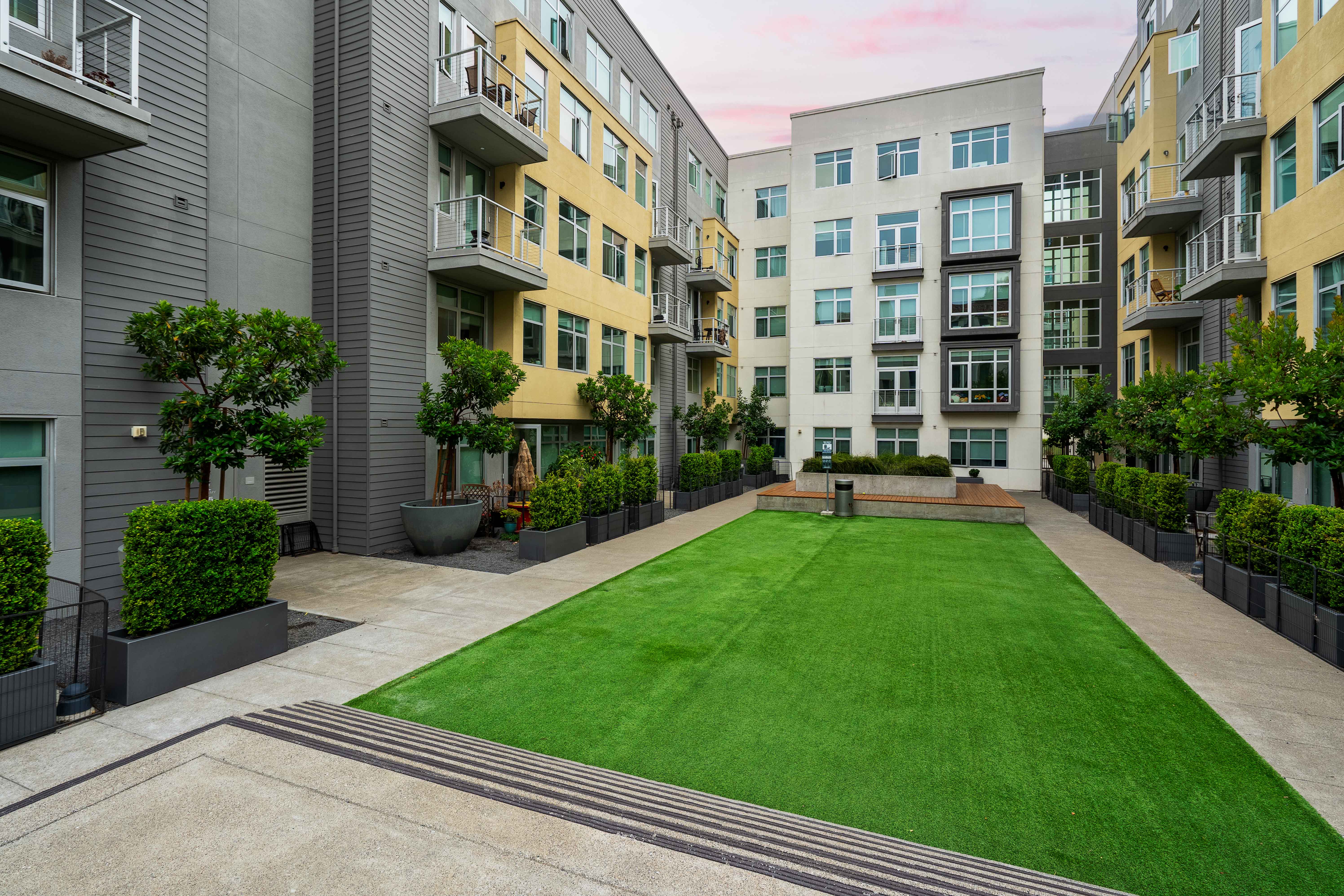 On-site dog park at Alchemy with a large turf play area, surrounded by landscaped planters and modern apartment buildings with balconies.