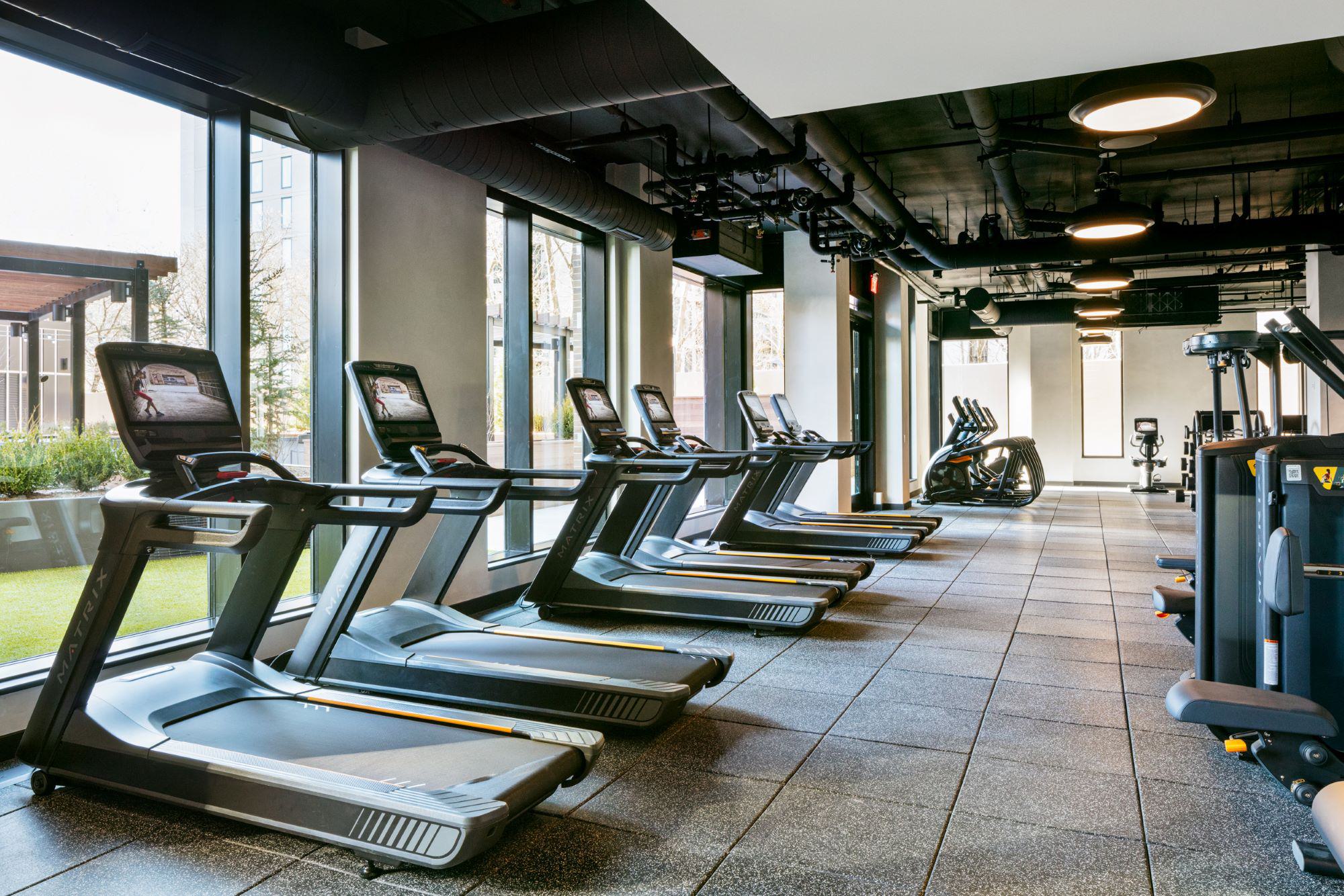 Row of Matrix treadmills at Loden fitness center positioned along floor-to-ceiling windows, overlooking outdoor courtyard space.