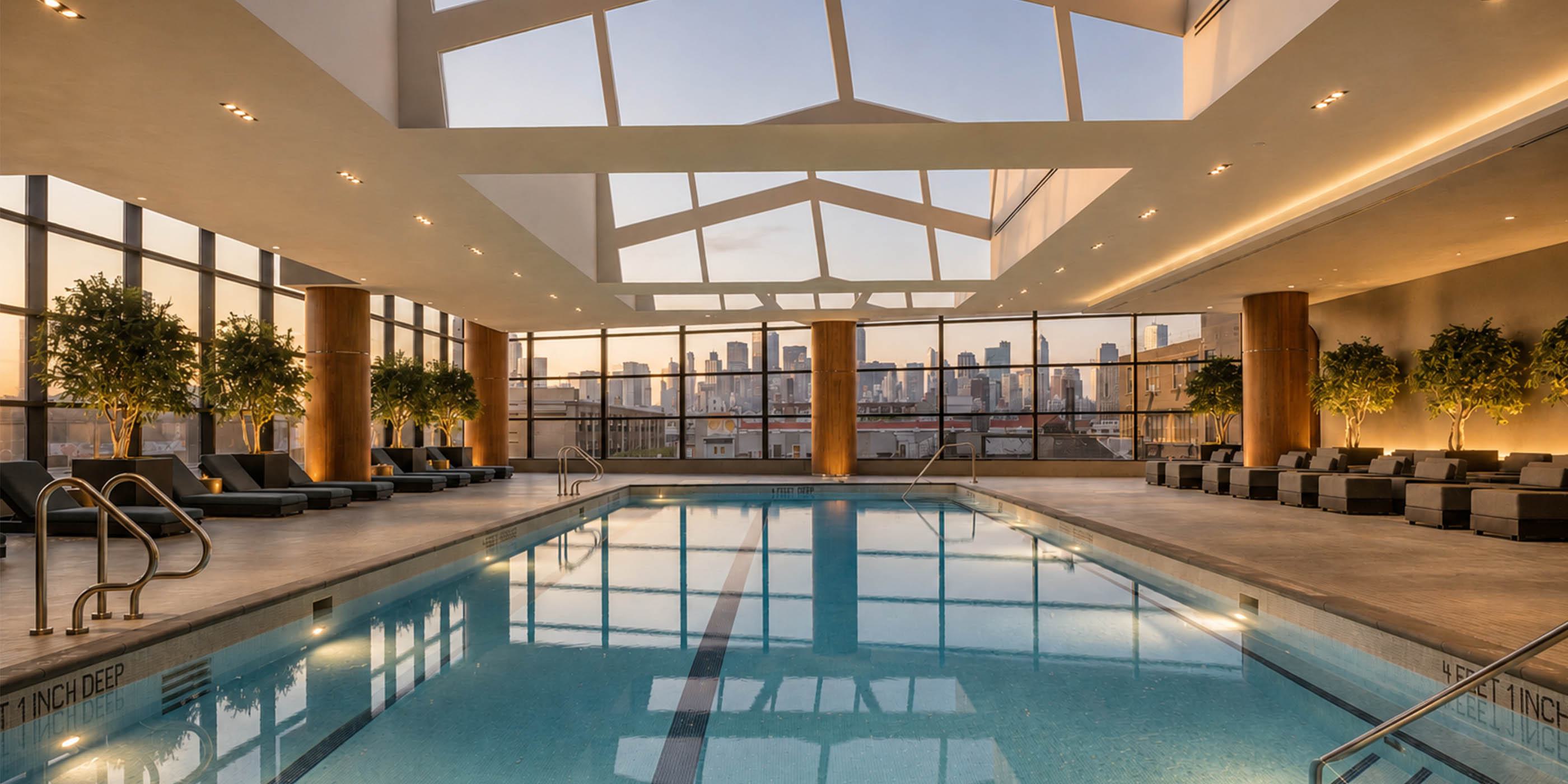 Indoor lap pool at Lumen LIC with skylit ceiling, floor-to-ceiling windows, and lounge seating overlooking the Manhattan skyline.