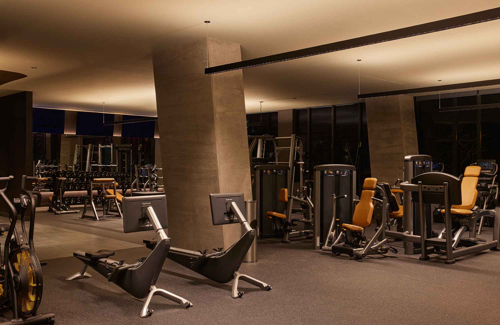 State-of-the-art fitness center at Alloy Apartments in Los Angeles equipped with strength training machines, rowing equipment, and sleek modern finishes under ambient lighting.