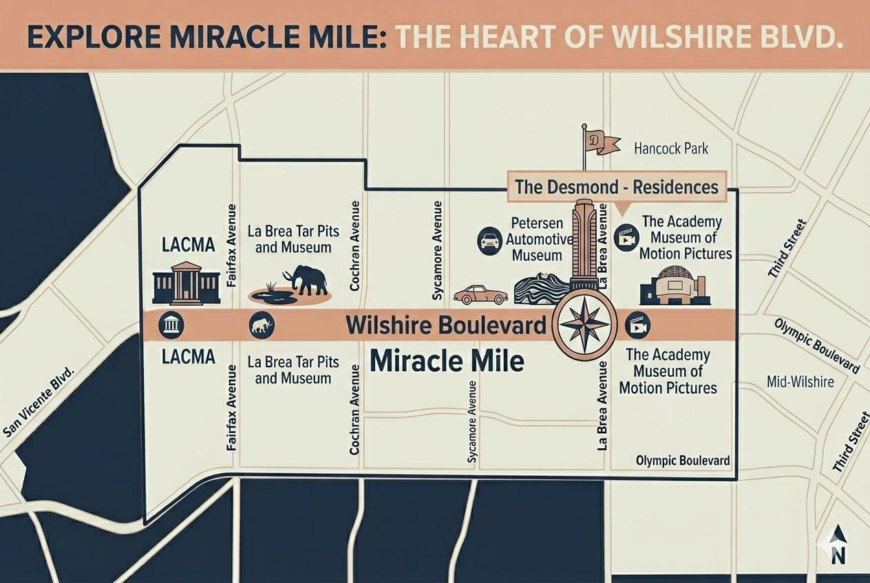 map of miracle mile with museum landmarks noted as well as the Desmond