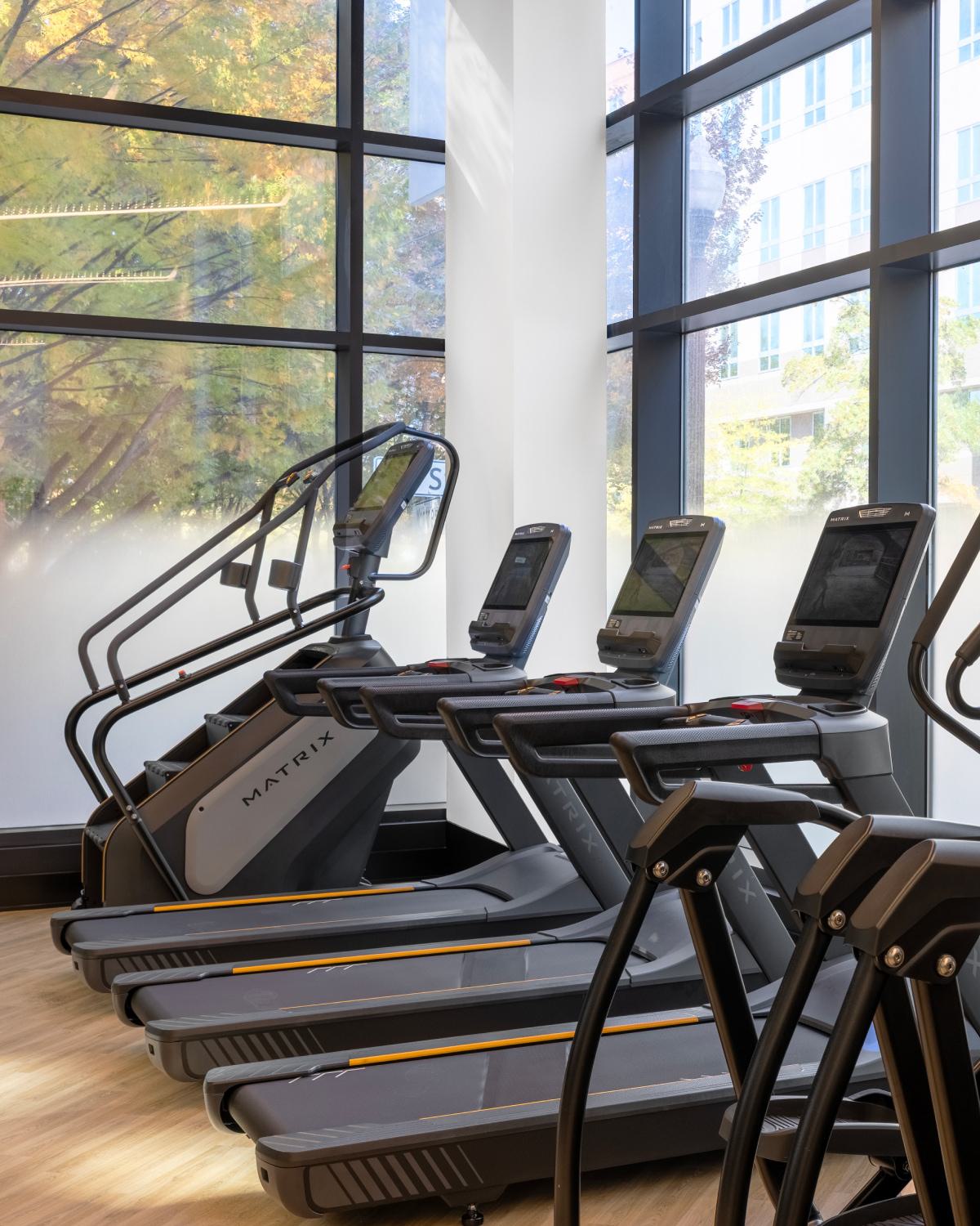 Resident fitness center at Latitude Apartments in Virginia Square with modern cardio equipment, including treadmills and ellipticals, set along floor-to-ceiling windows with natural light and tree-lined views.