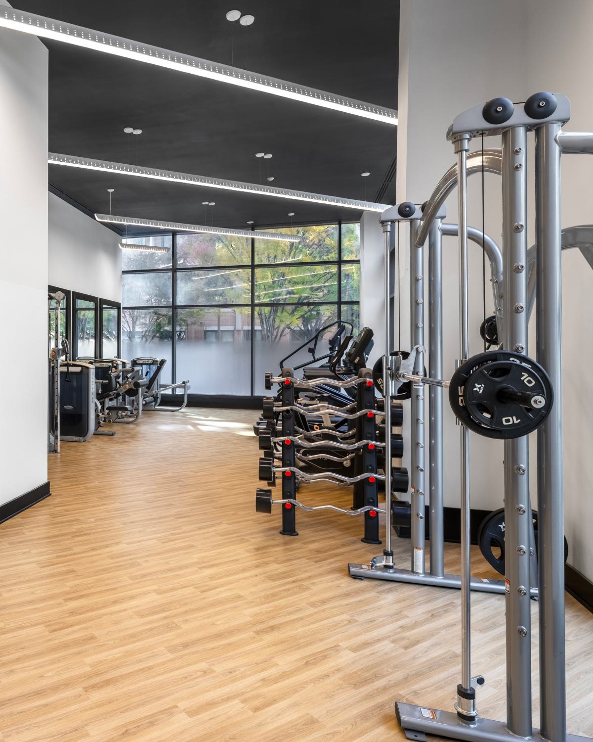 Resident fitness center at Latitude Apartments in Virginia Square with free weights, strength-training equipment, wood flooring, and floor-to-ceiling windows overlooking trees.