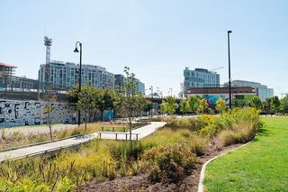 A view of Alethia Tanner Park in NoMa, Washington DC, featuring landscaped walking paths, native plantings, and colorful murals along the Metropolitan Branch Trail, with modern apartment buildings rising in the background.