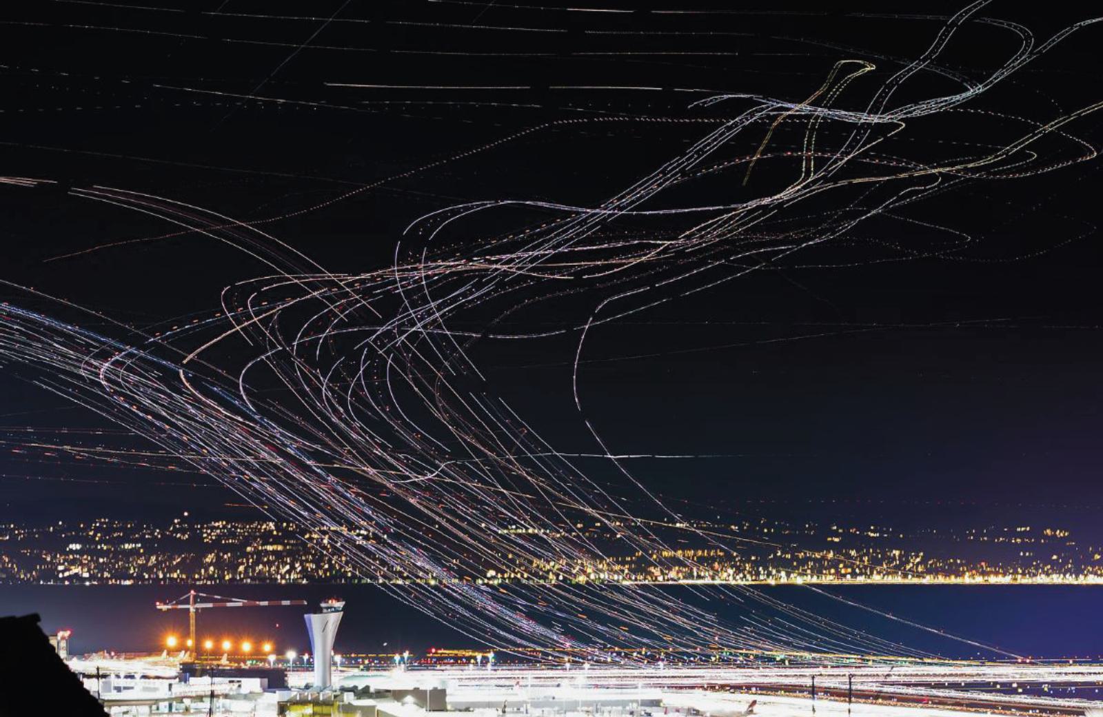 large-scale visual timelapse piece of flight paths to and from SFO.