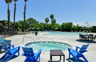 Expansive outdoor pool and spa area at The Arbors in Antelope, California, featuring mid-century clubhouse architecture, palm trees, and lounge seating.