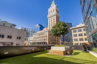 Rooftop dog run at Atlas Oakland featuring green turf, benches, and planters with sweeping downtown views including the Tribune Tower.