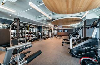 Fitness center at Theory featuring Life Fitness cardio machines, free weights, functional training rig, wood ceiling panels, and large windows with natural light.