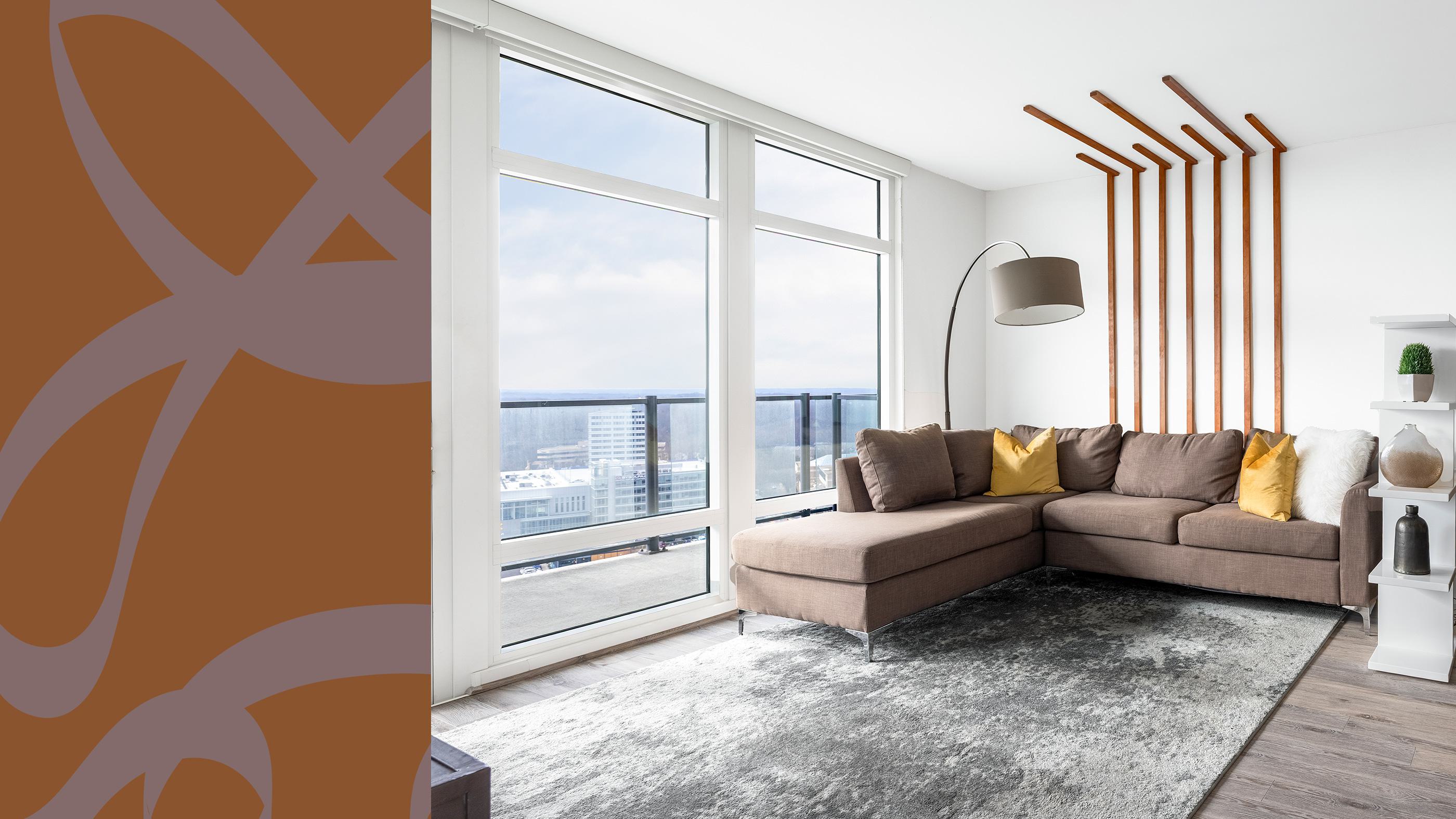 Living room with tall windows