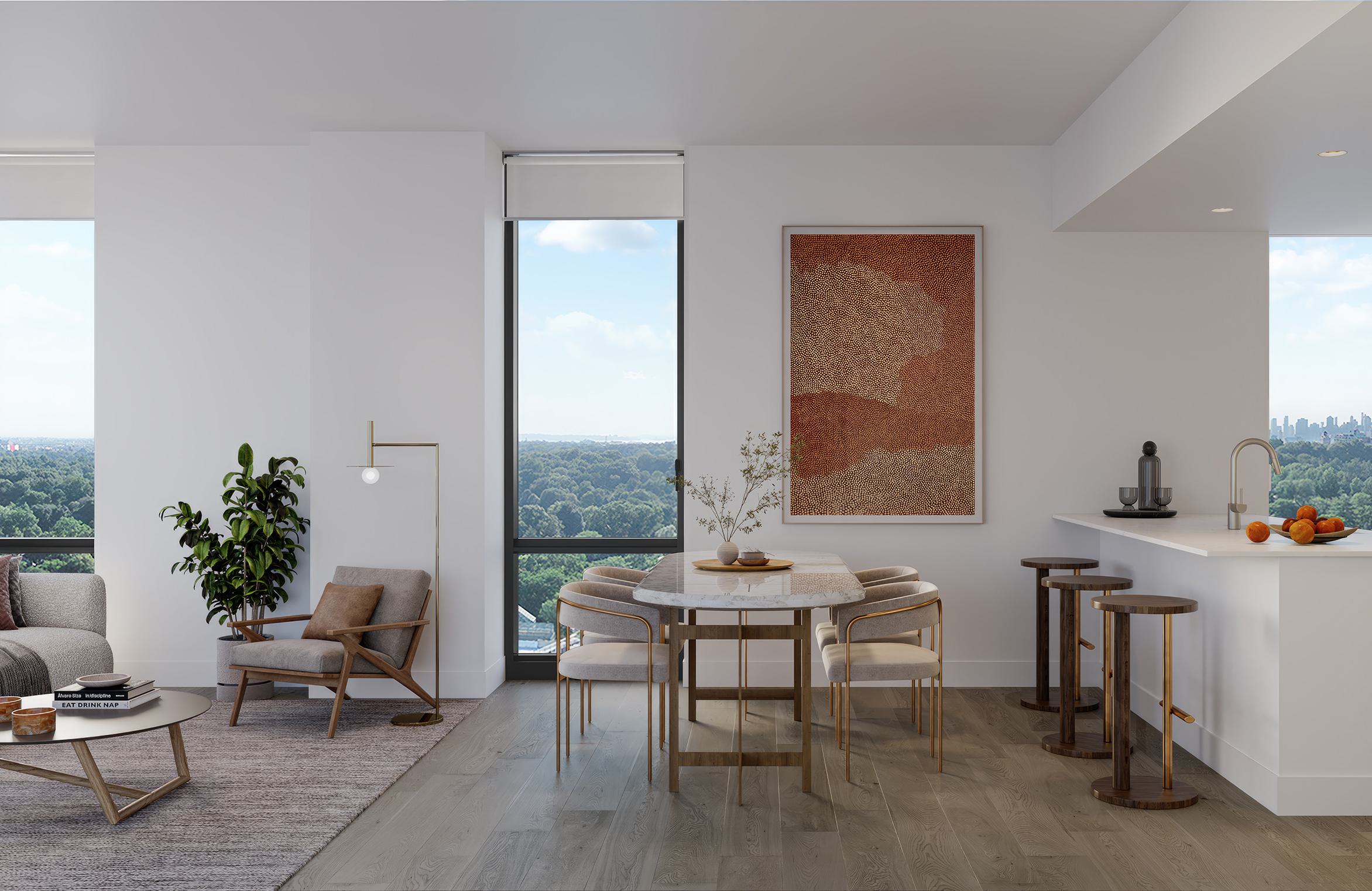 Bright dining and living area at Loden with floor-to-ceiling windows overlooking Prospect Park, featuring modern furniture, light wood flooring, and a neutral palette.