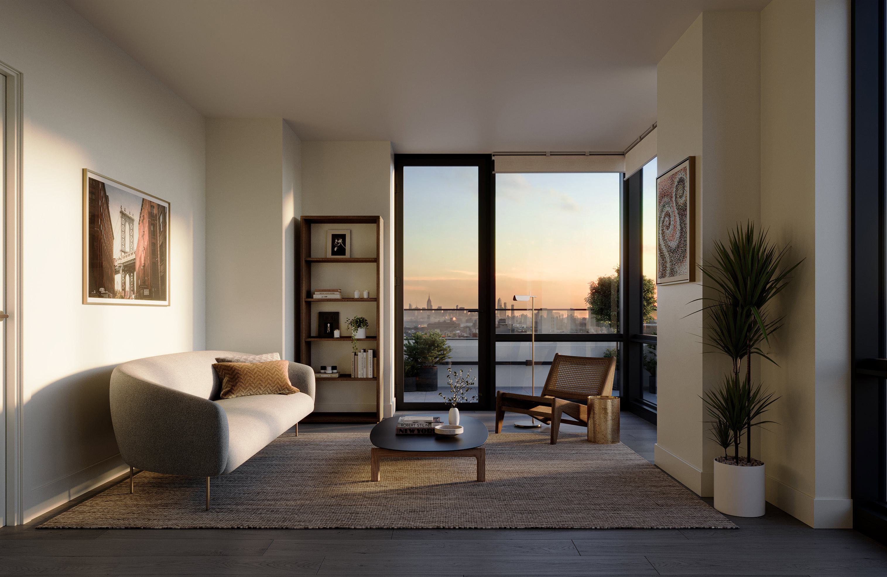 Sunlit living room with large windows and a terrace at Loden, featuring warm evening light and distant views of the Manhattan skyline.