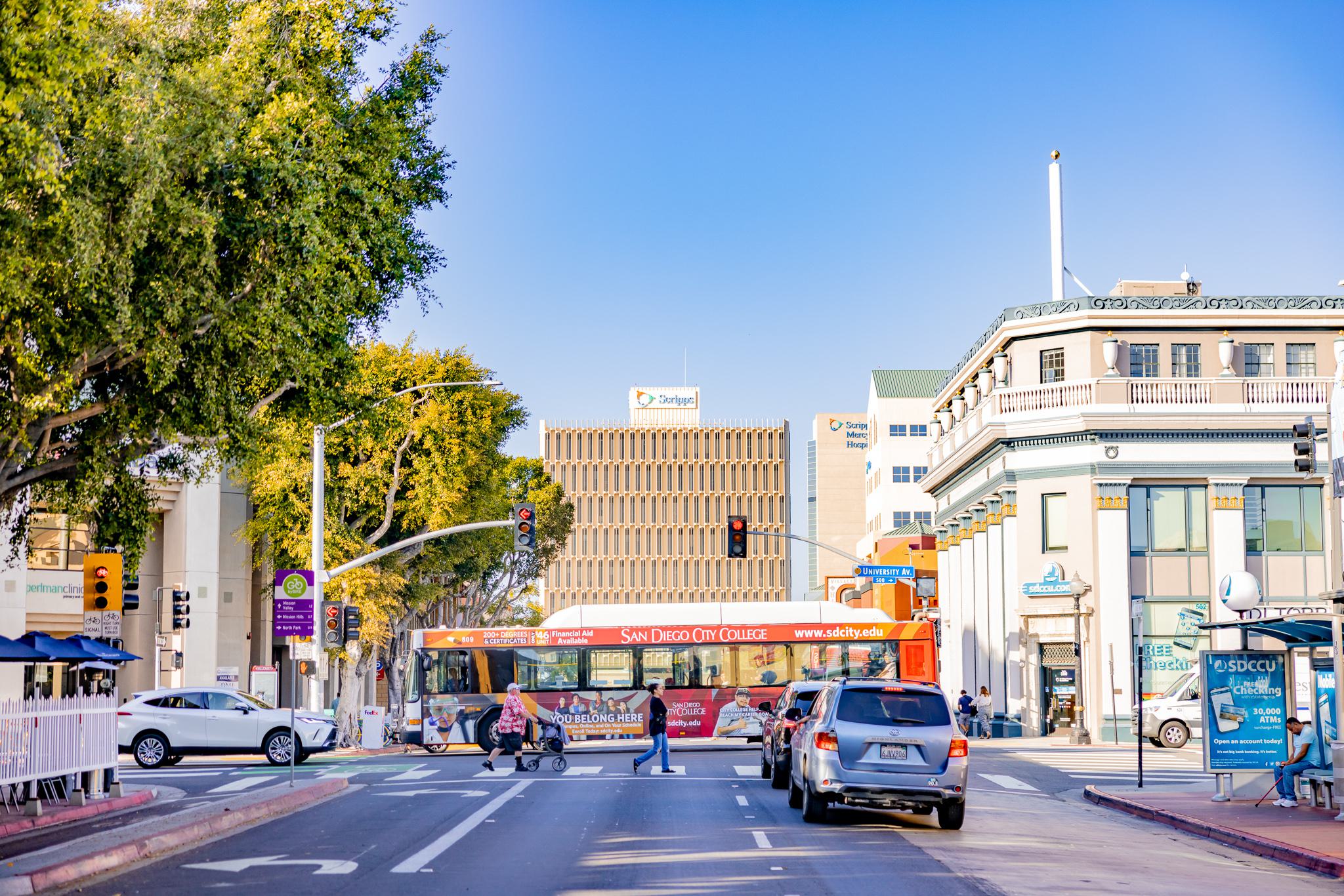 intersection in hillcrest with an mta bus