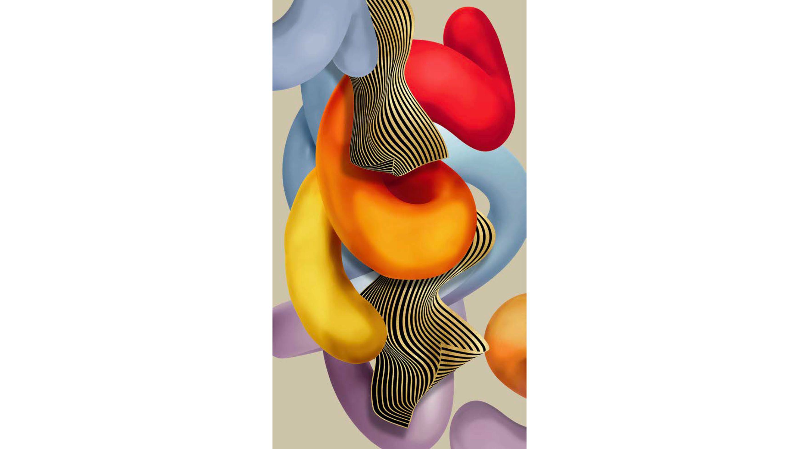 abstract painting is crafted with acrylics, airbrush, and gold leaf