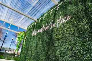 outdoor restaurant area with vine covered walls and "this must be the place" neon signage
