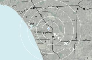 Map of West Los Angeles centered on The Madrid, showing concentric distance rings labeled 10, 15, 20, and 30 minutes, with nearby neighborhoods, major freeways, and coastal areas marked.