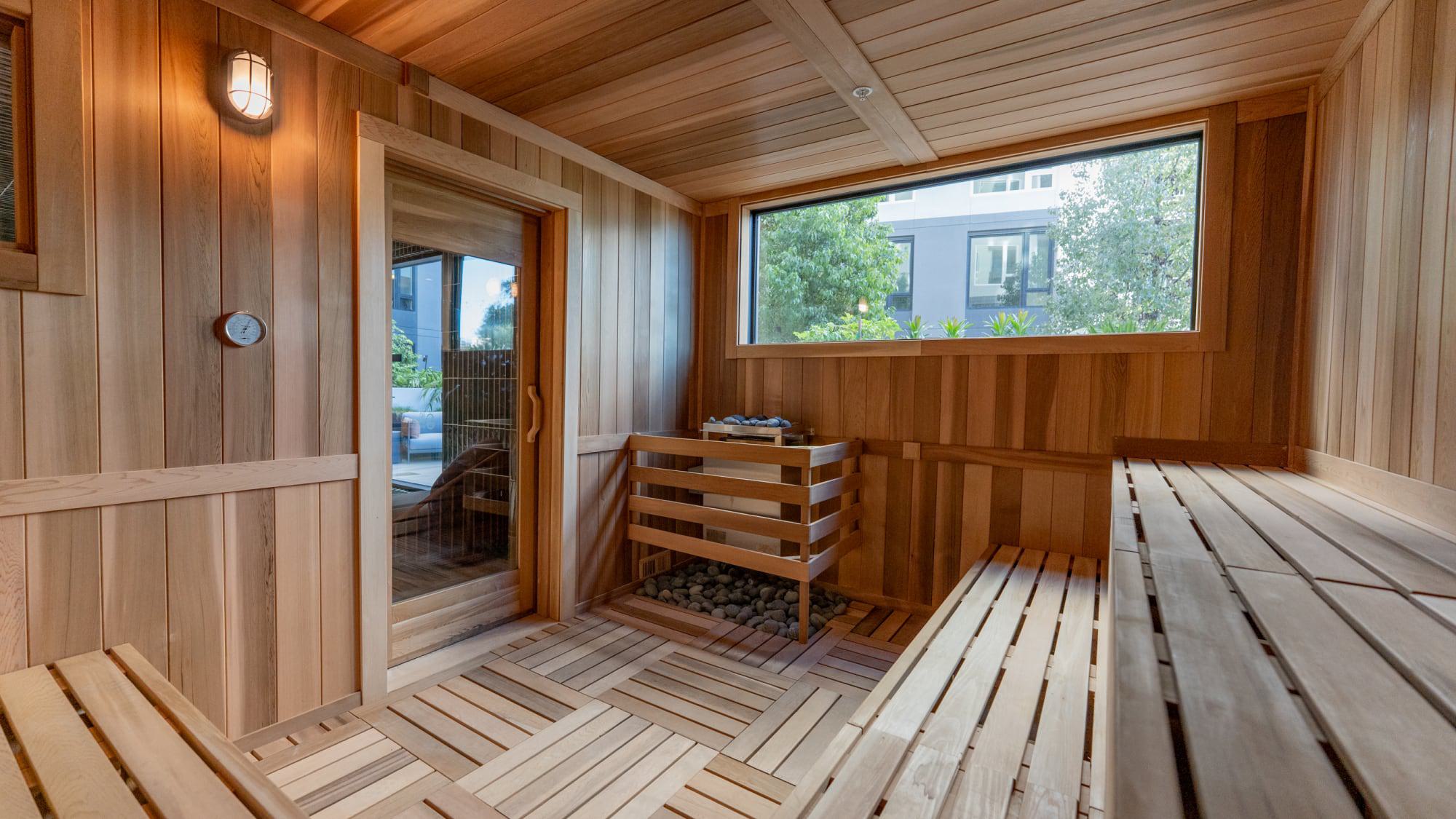 Wood-lined sauna at Revery Apartments featuring tiered bench seating, a stone-topped heater, and a wide window overlooking landscaped courtyard greenery.