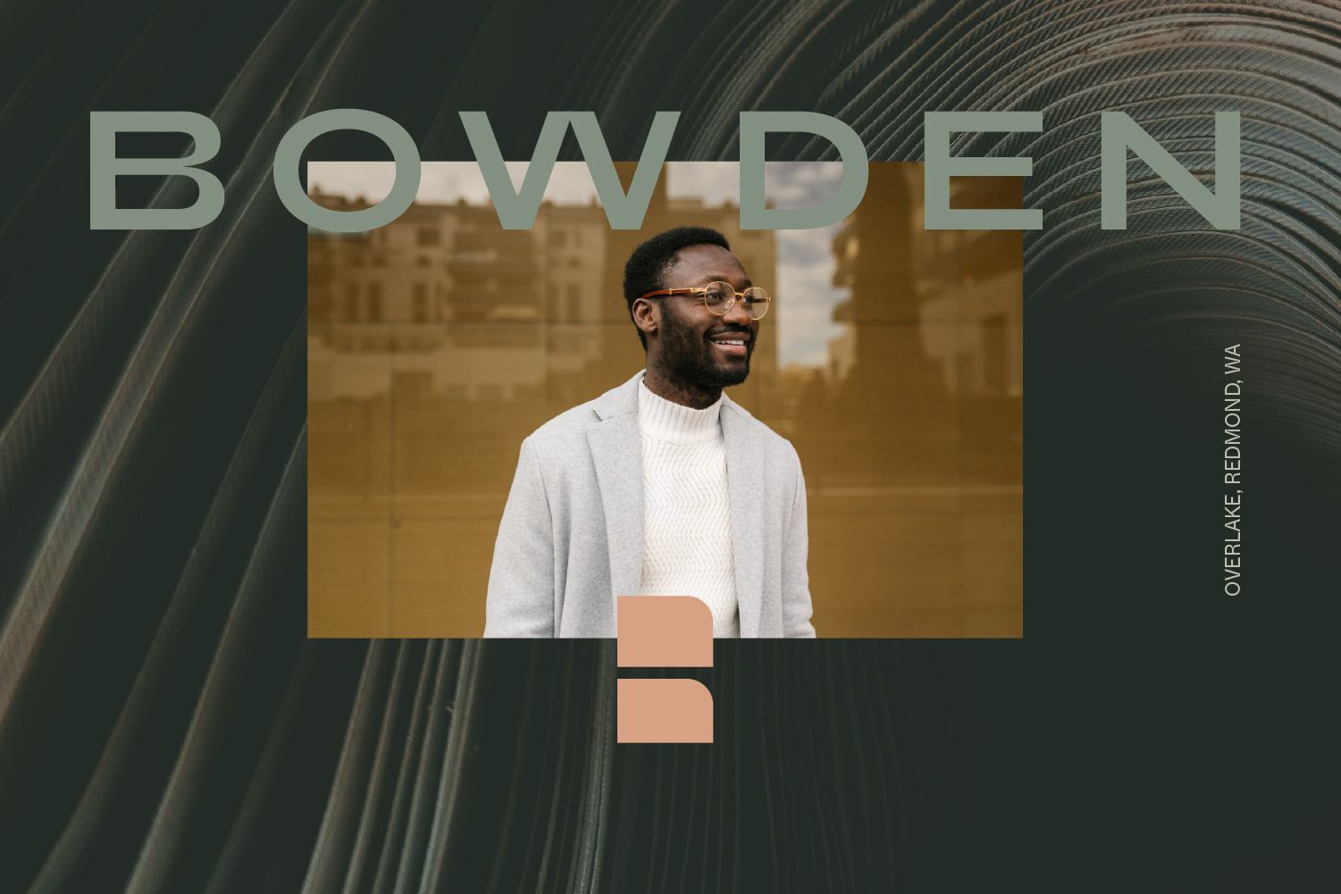 Promotional graphic for Bowden apartments featuring a stylish man in a gray coat, with text identifying the location as Overlake, Redmond, WA.