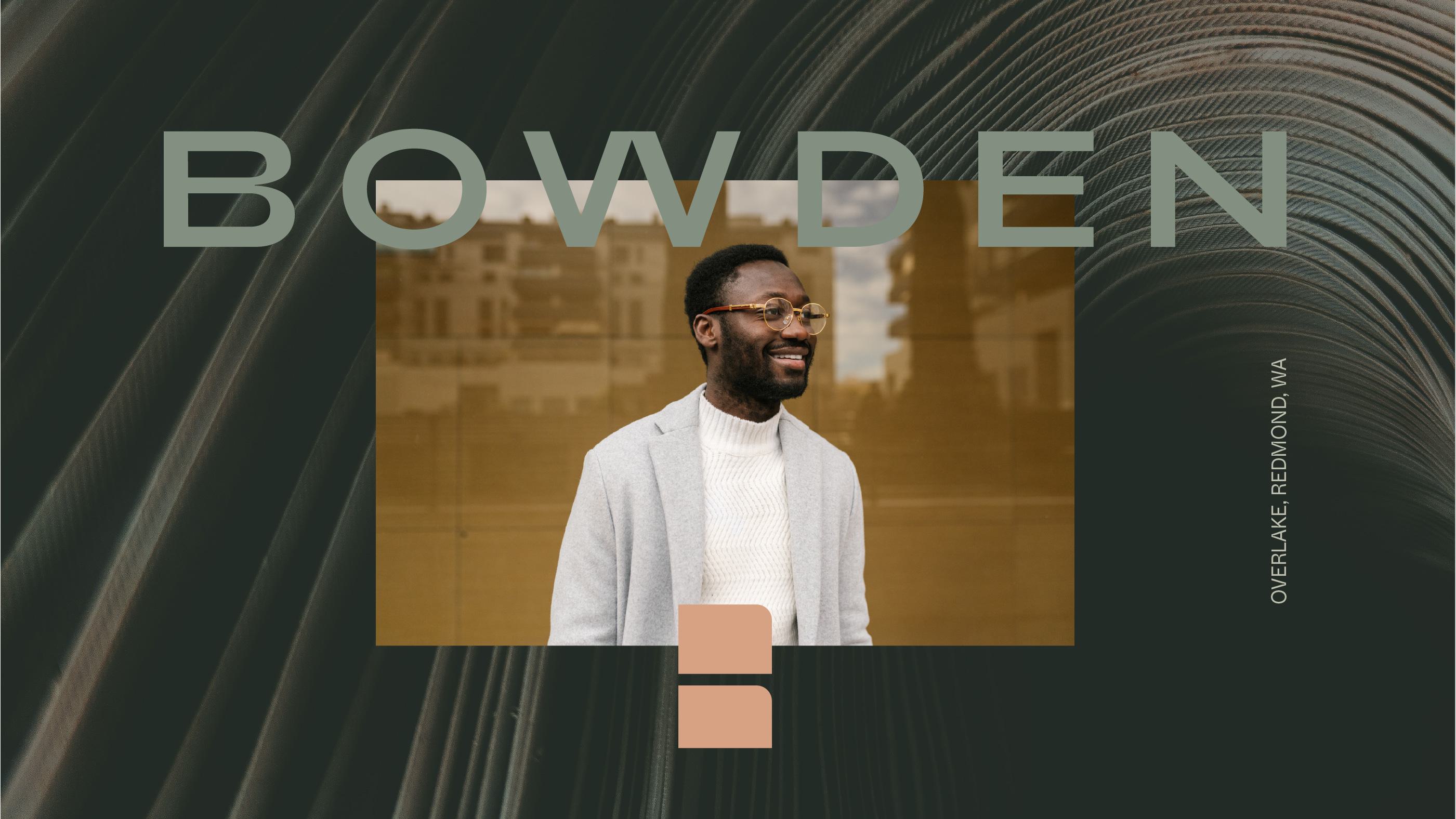 Promotional graphic for Bowden apartments featuring a stylish man in a gray coat, with text identifying the location as Overlake, Redmond, WA.