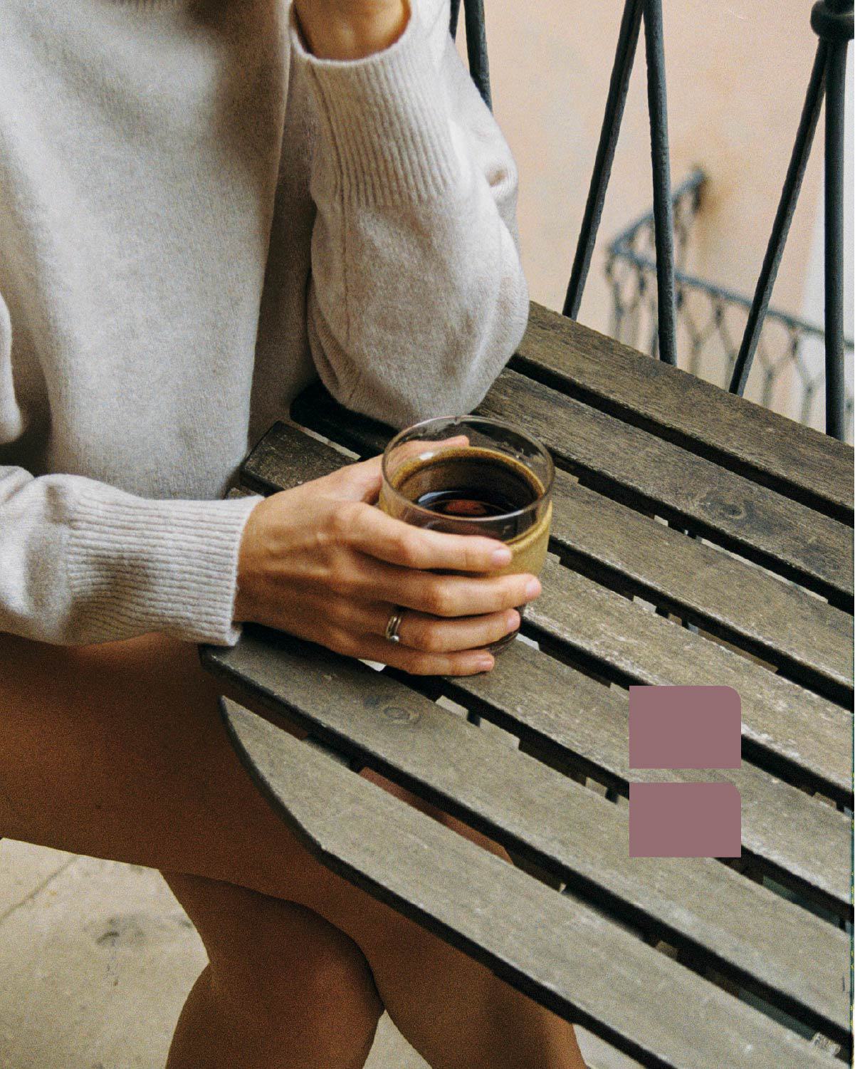 Close-up of a resident enjoying coffee in the Overlake neighborhood.