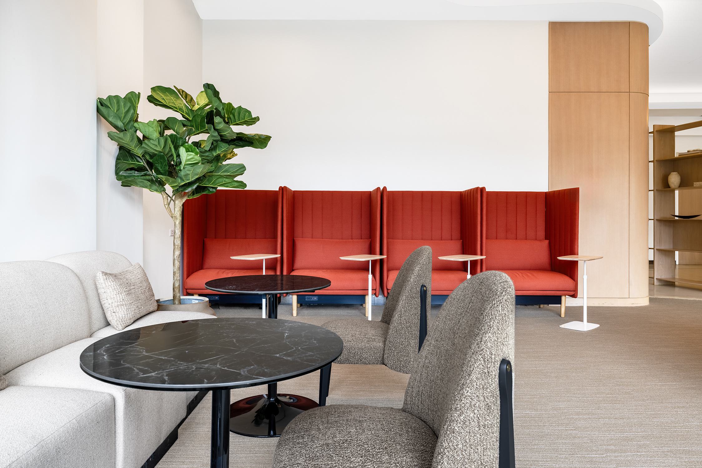 coworking space with tables and booths