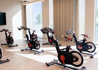 Light-filled spin studio at ARQ with rows of commercial-grade indoor cycling bikes, wood floors, and floor-to-ceiling windows