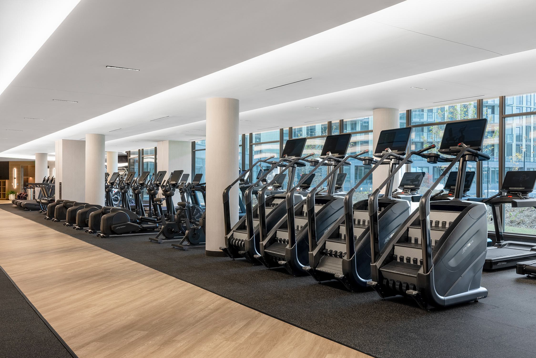 Spacious fitness center with a row of Life Fitness stair climbers and treadmills along floor-to-ceiling windows, black rubber flooring, and a wood-look walkway.