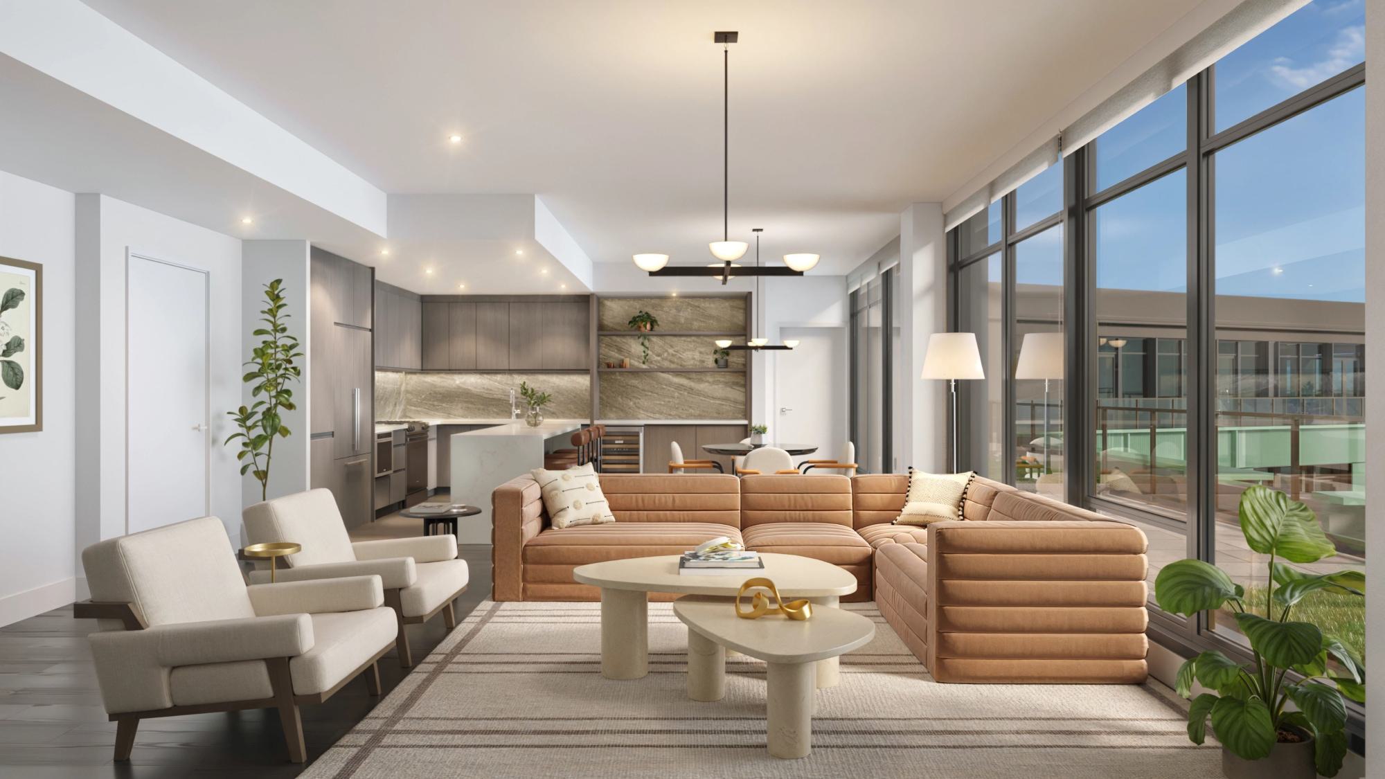 Open-concept penthouse living room with floor-to-ceiling windows, private terrace access, waterfall kitchen island, integrated appliances, and elevated DC views.
