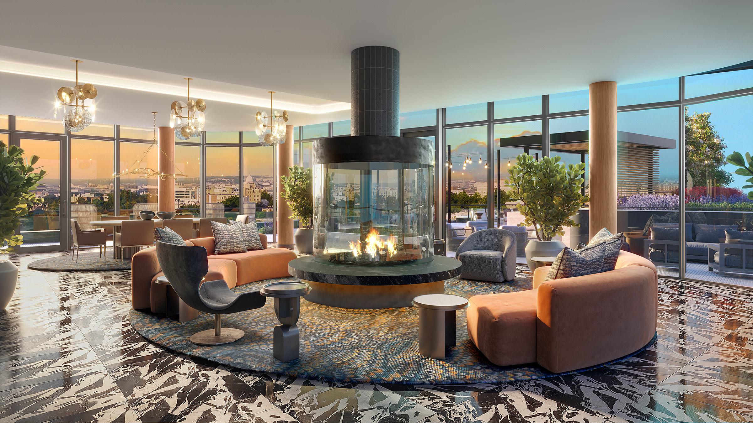 Rooftop Observatory Lounge at Zephyr featuring a glass-enclosed circular fireplace, curved seating, marble flooring, floor-to-ceiling windows, and panoramic tree canopy views over Woodley Park and Northwest DC.
