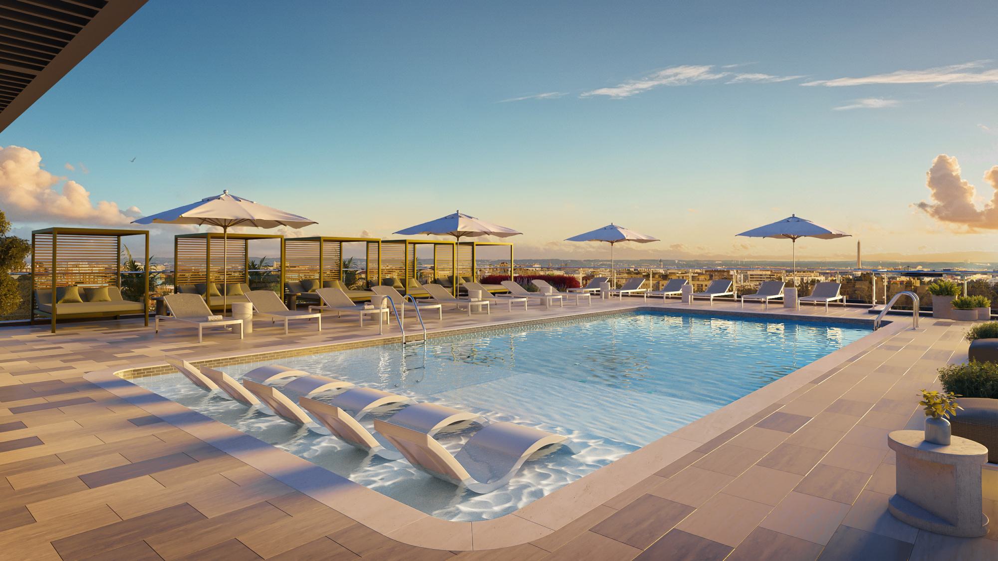Zephyr rooftop pool with chaise lounges, oversized umbrellas, elevated deck, and treetop views over Woodley Park.