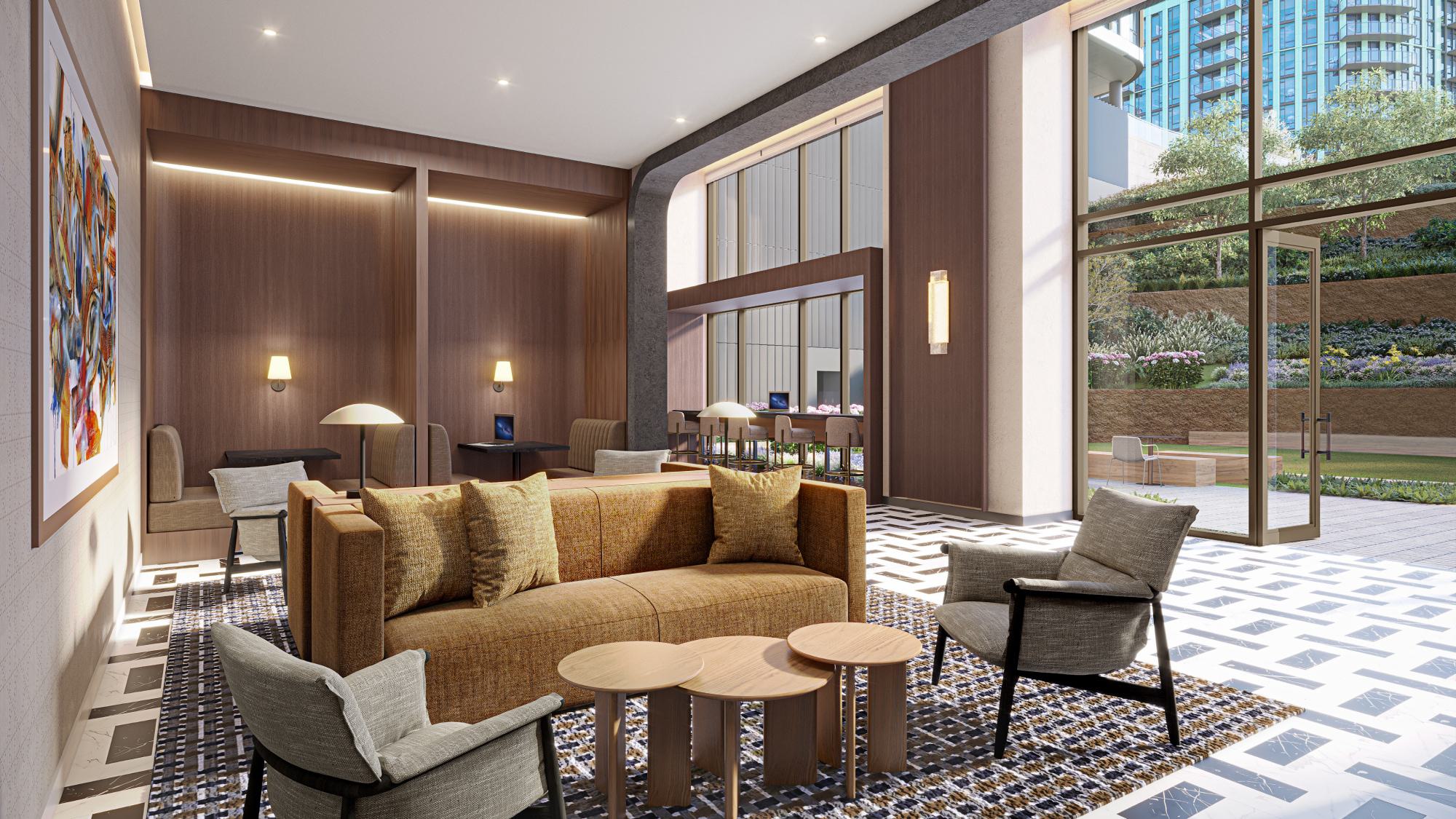 Zephyr coworking space with floor-to-ceiling windows opening to landscaped courtyard, lounge seating, and counter-height work surfaces.