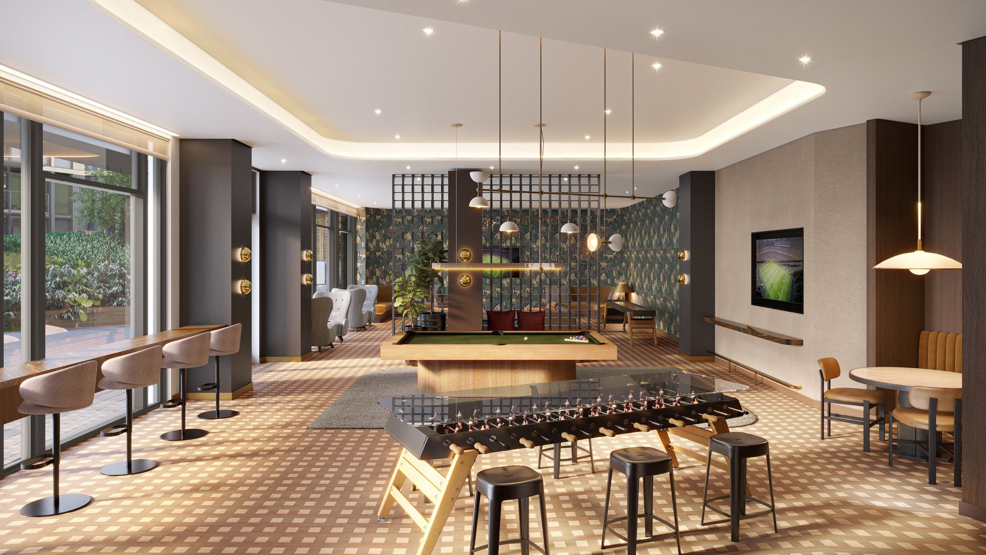 Zephyr game room featuring patterned flooring, billiards table, integrated kitchen area, and large windows opening to outdoor space.