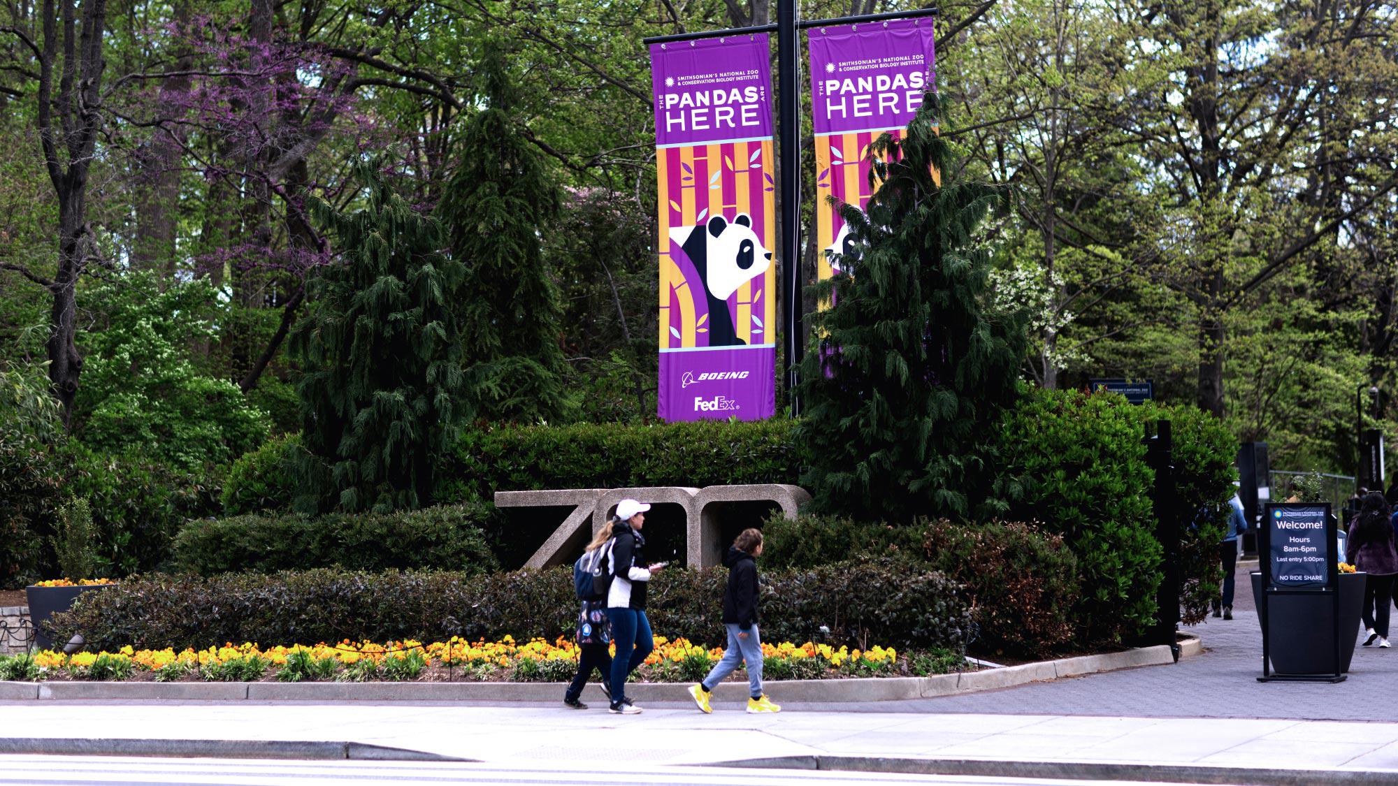 entrance to the national zoo near landscaping and colorful flag banner signs