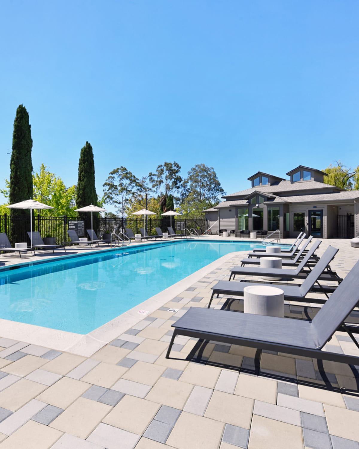 Displays a pristine outdoor swimming pool surrounded by a patterned paver deck, modern lounge seating, and patio umbrellas under a bright blue sky.