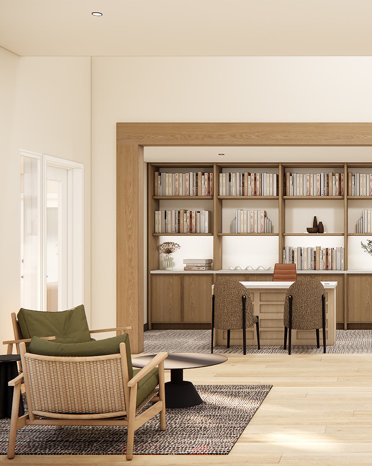 Modern lobby with books on shelves and seating