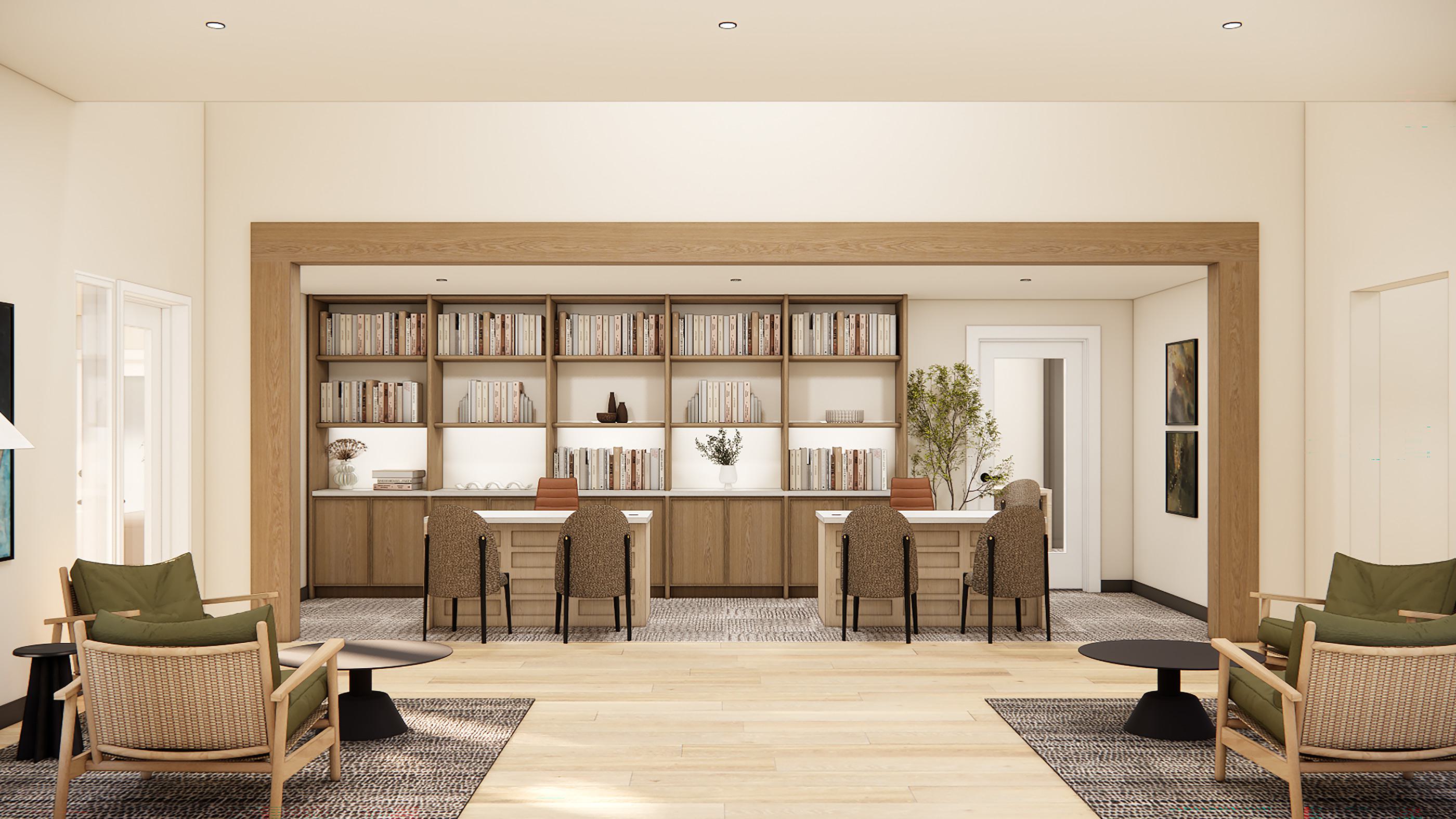 Modern lobby with books on shelves and seating
