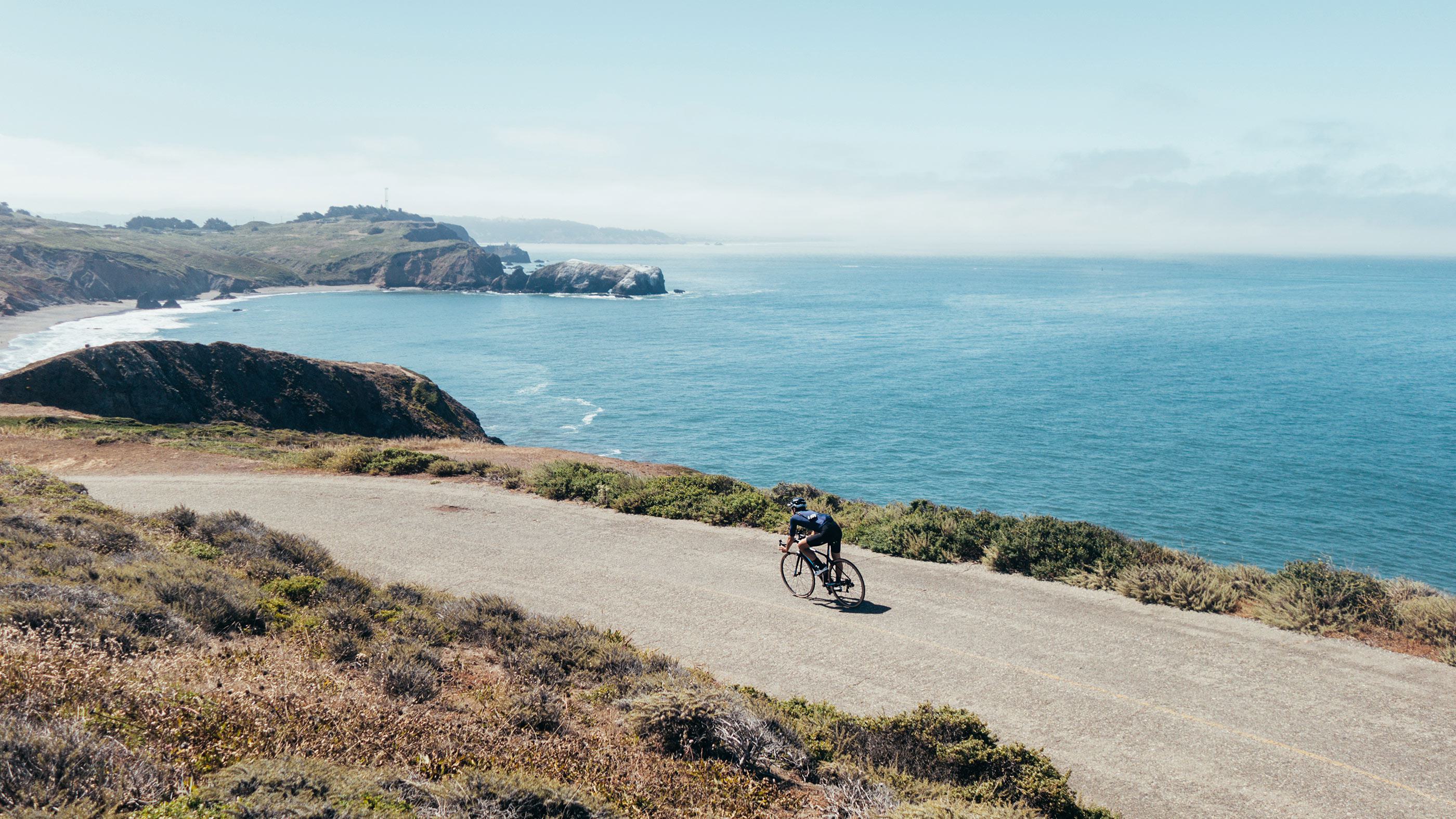 Biker along the water in Marin County