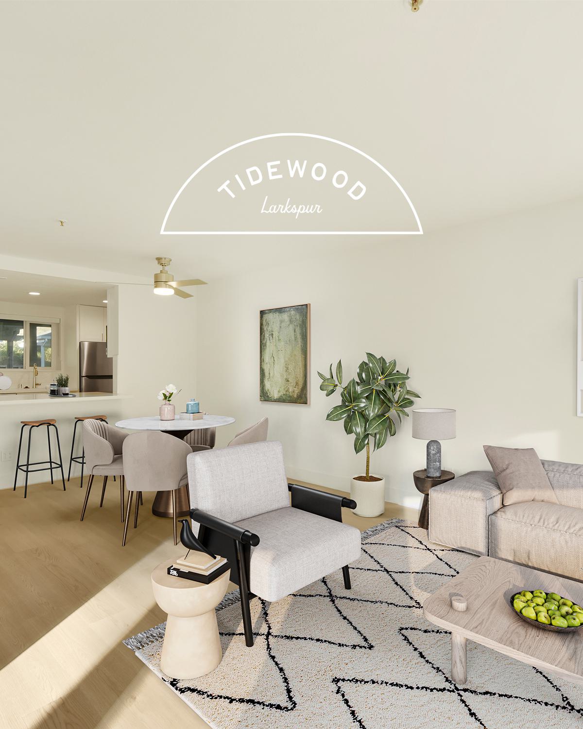 Tidewood apartment interior with open kitchen, living room and light wood flooring
