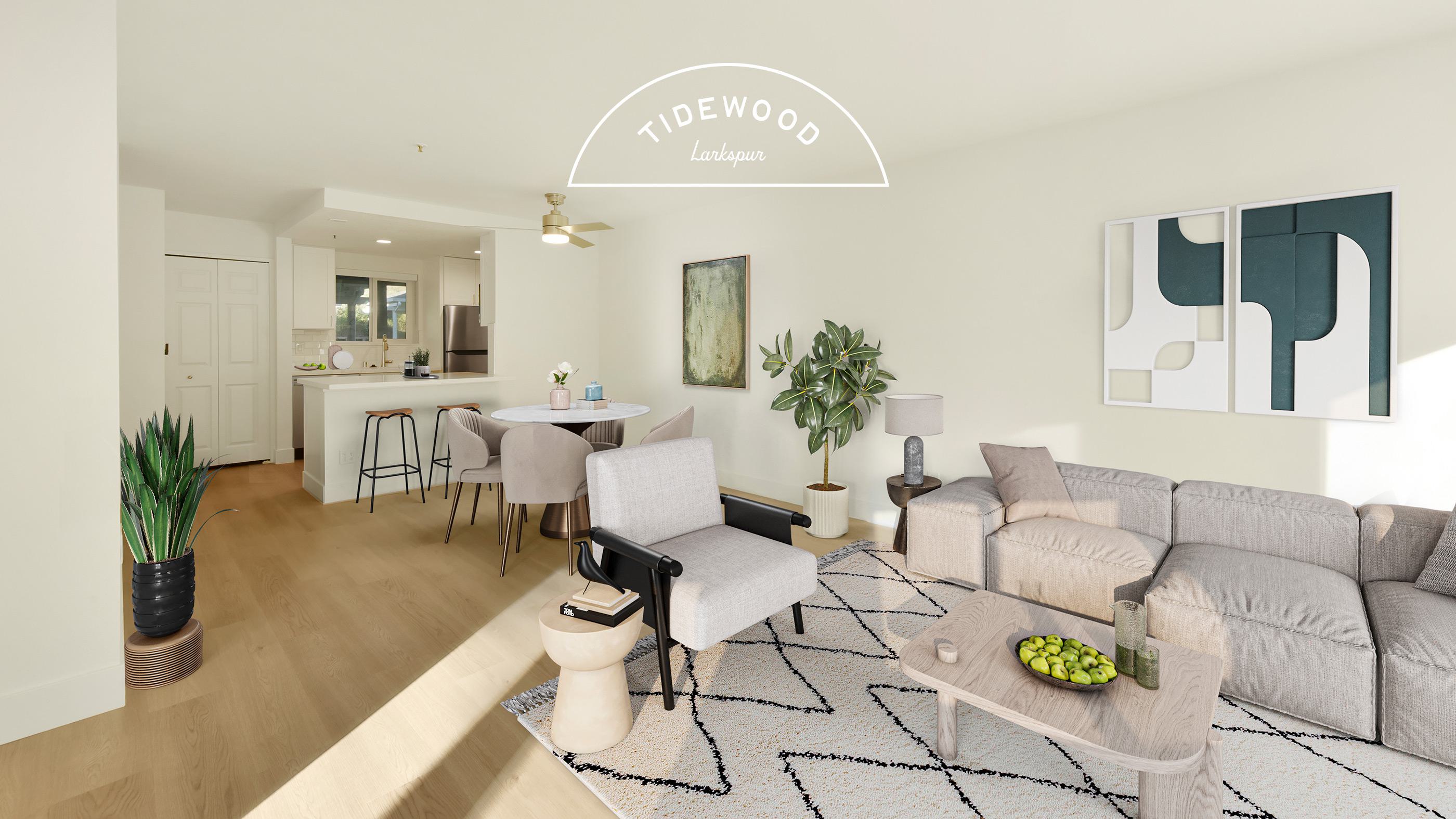 Tidewood apartment interior with open kitchen, living room and light wood flooring