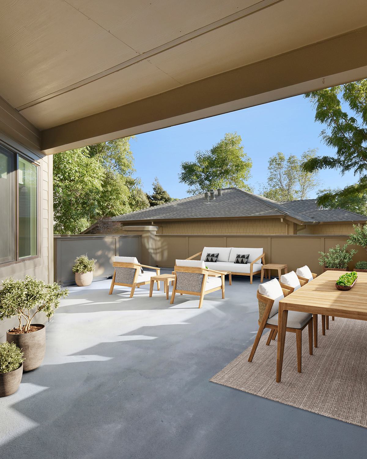 Outdoor patio with lounge furniture and landscaping