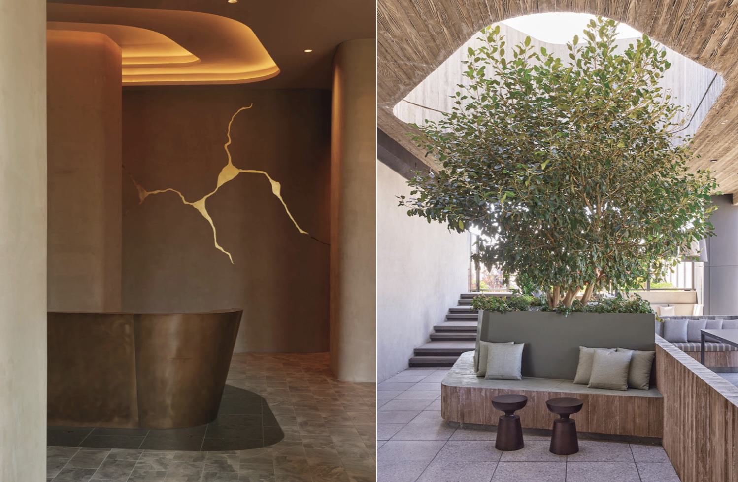 Split image featuring two architectural spaces. Left: curved bronze reception desk beneath recessed ceiling lighting and a dramatic kintsugi-inspired wall detail with illuminated gold fissures. Right: serene courtyard with central tree beneath a large oculus opening, built-in stone seating, wood accents, and soft natural light.