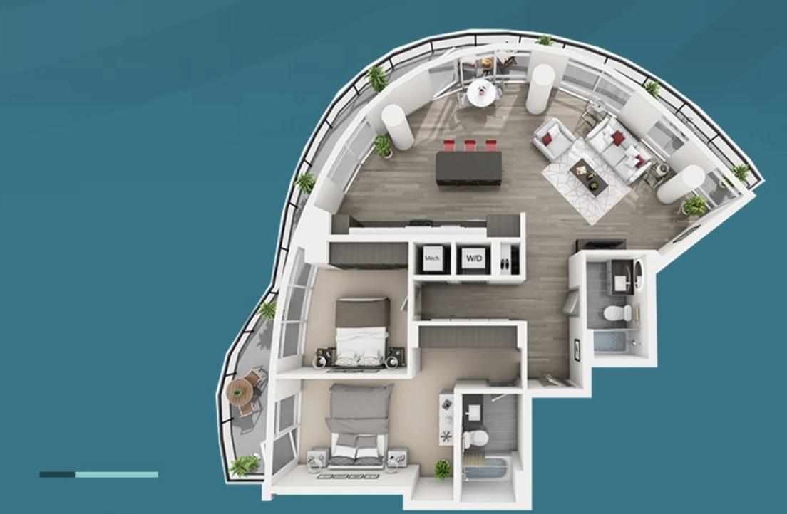 Modern high-rise living room with floor-to-ceiling windows and curved balcony showcasing panoramic views toward the Blue Ridge foothills.