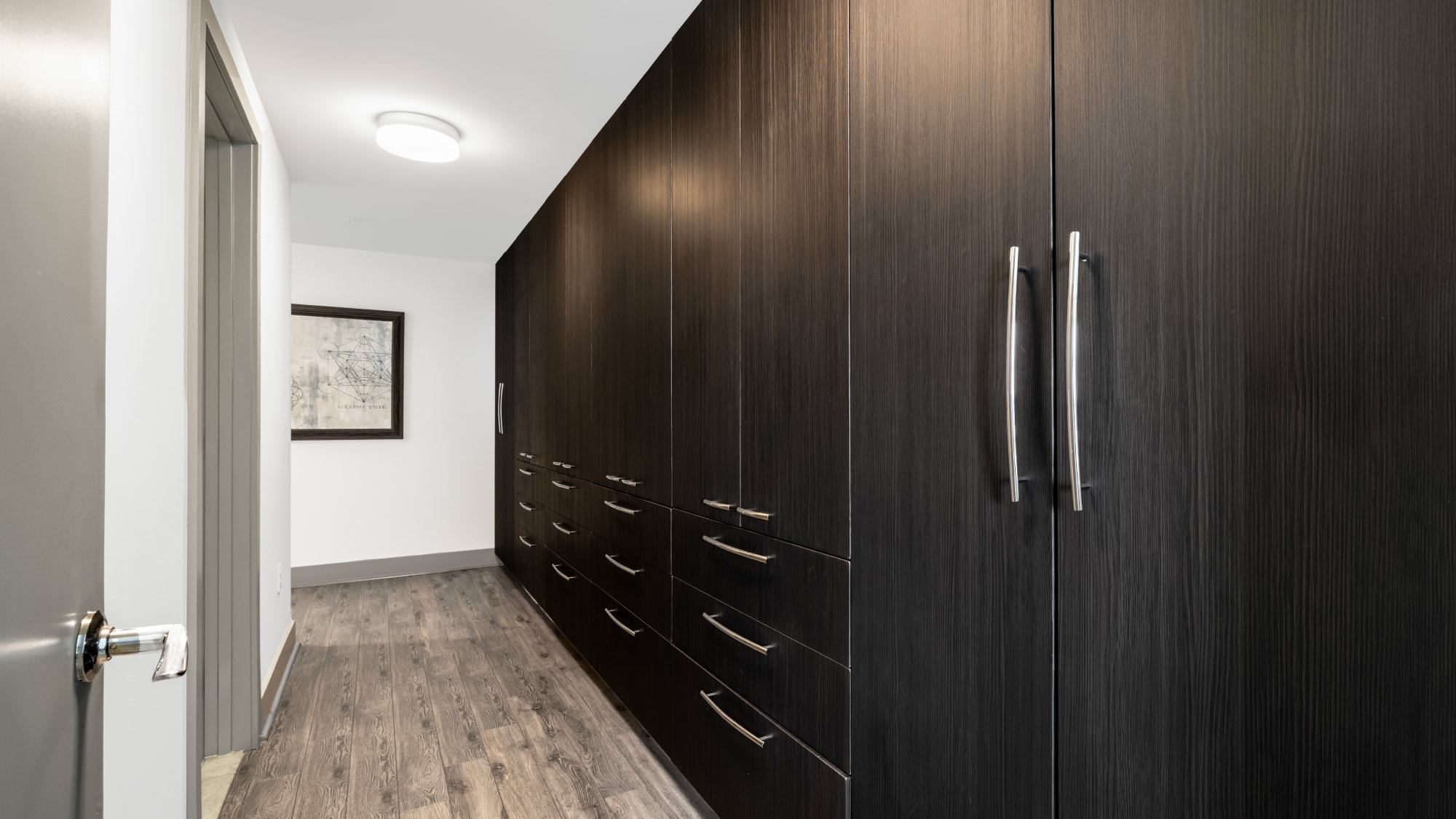 Built-in dark wood closet wall with integrated drawers and cabinets in modern high-rise apartment hallway.