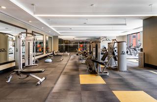 Fitness center at Avant Reston with Cybex strength machines, free weights, functional training area, and mirrored workout space.