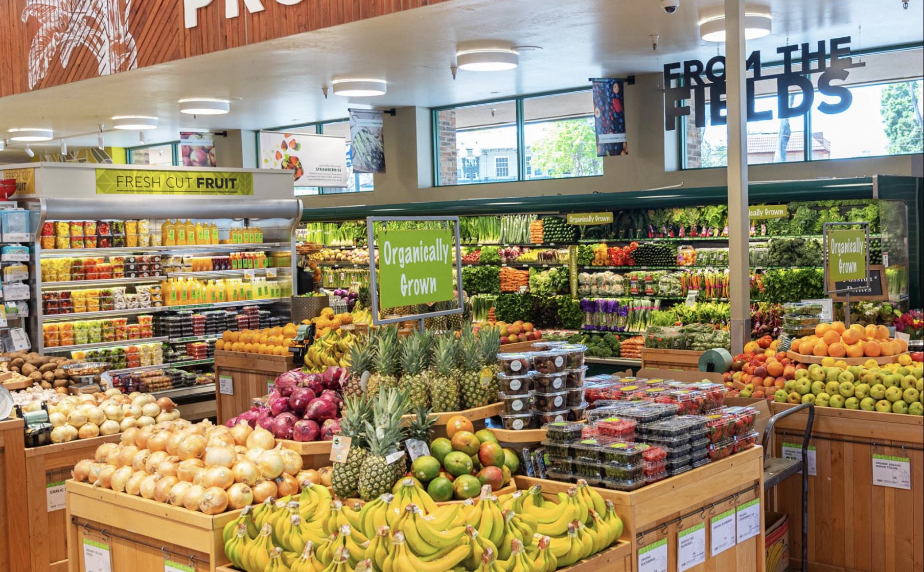 The organic produce section and fresh fruit display at Mollie Stone’s Market.