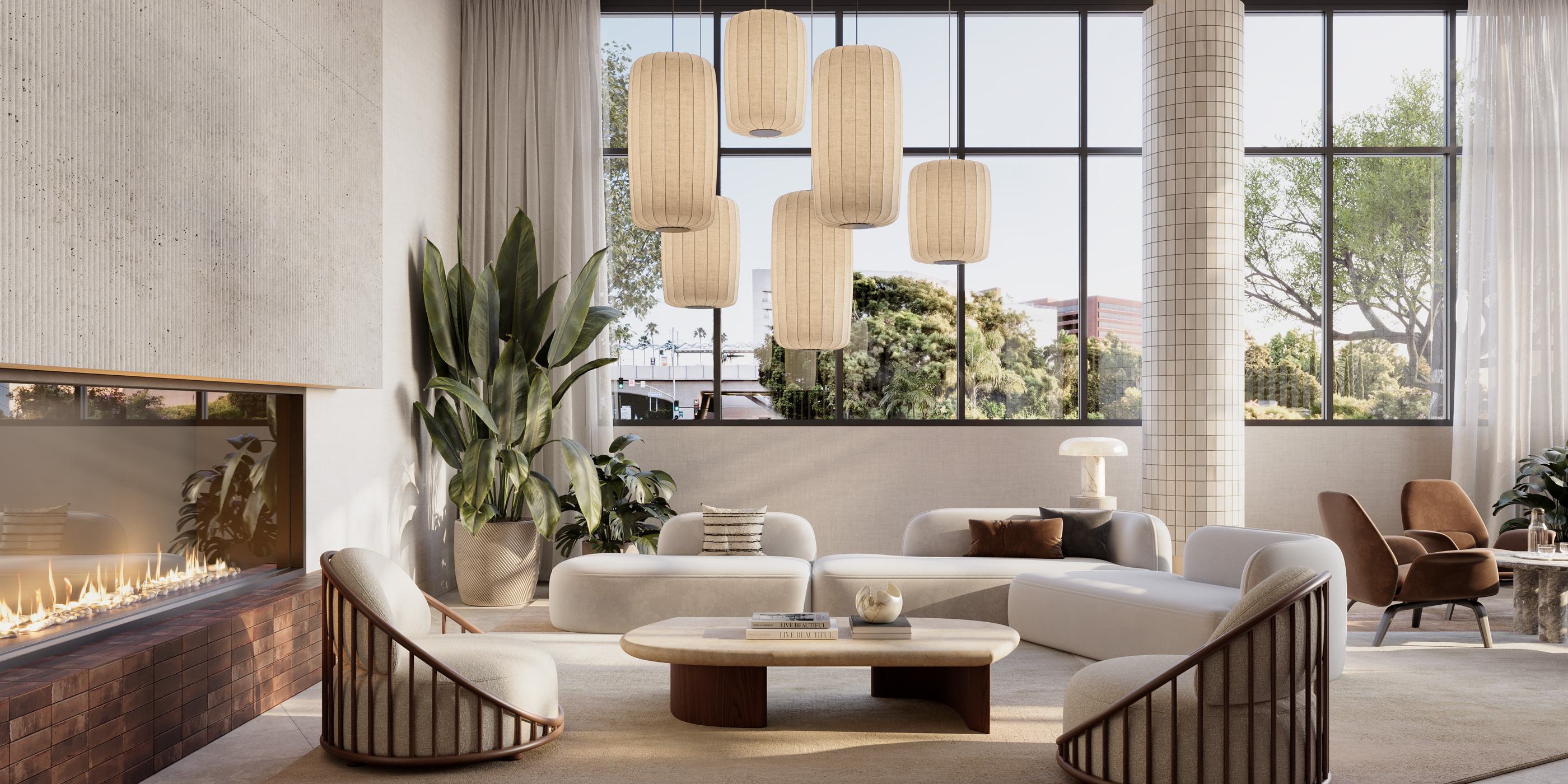 Sunlit apartment lobby at Maris featuring woven pendant lights, a linear fireplace, curved sofas, and high windows.