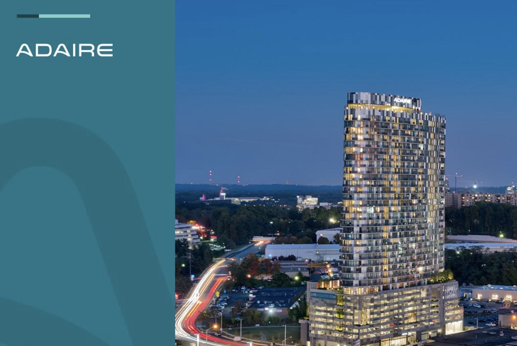 sparkling exterior of adaire and surrounding Spring Hill / Tysons neighborhood at dusk