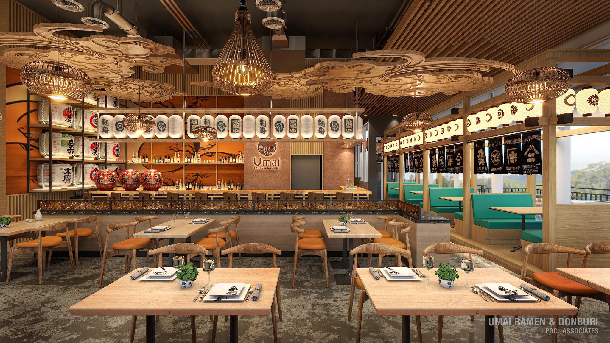 Modern, vibrant interior of Umai Ramen & Donburi featuring light wood tables, orange and teal seating, traditional Japanese lanterns, and ornate cloud-like ceiling installations.