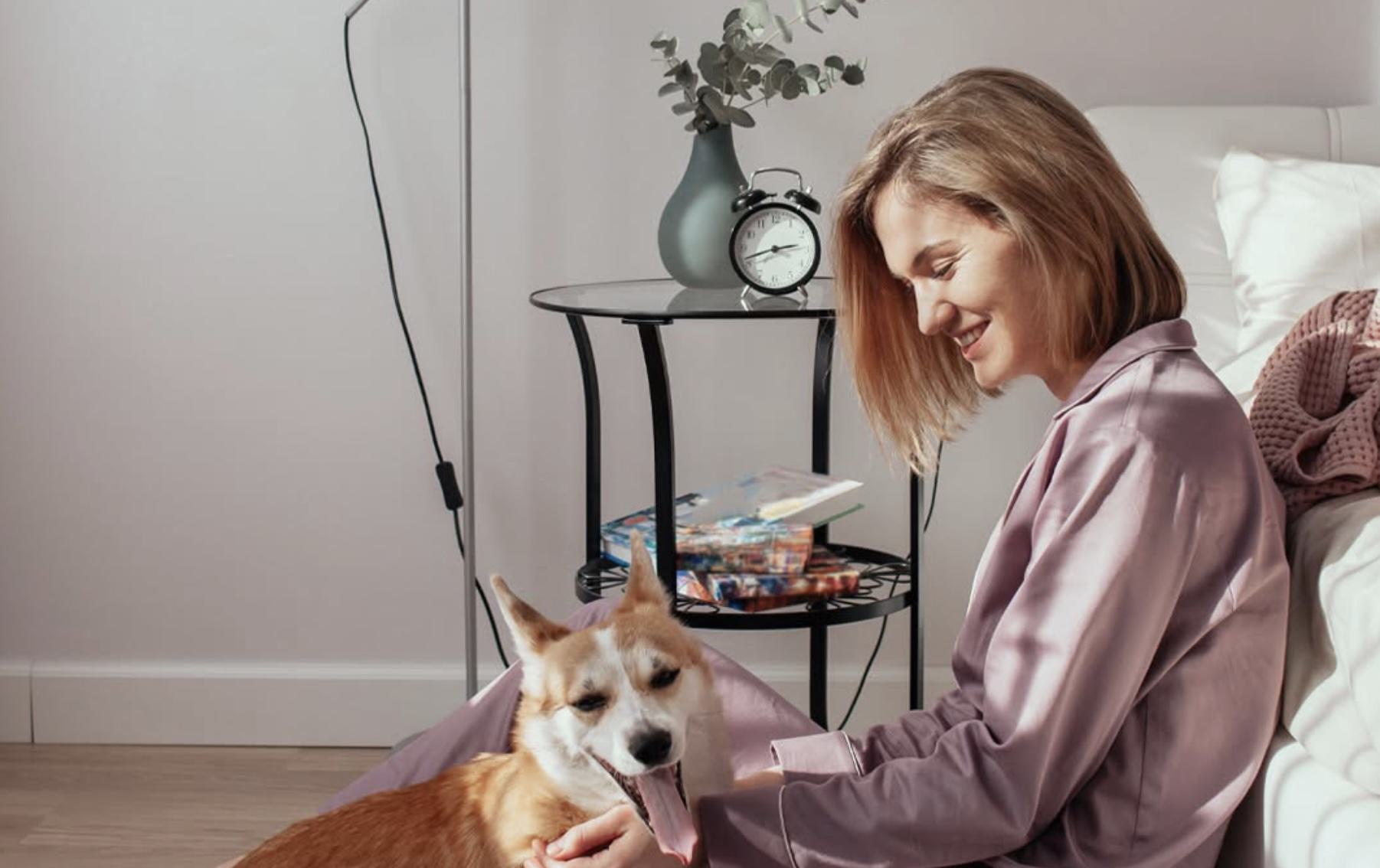 A woman in lavender pajamas sits on a sunlit bedroom floor, smiling and petting a happy Corgi.