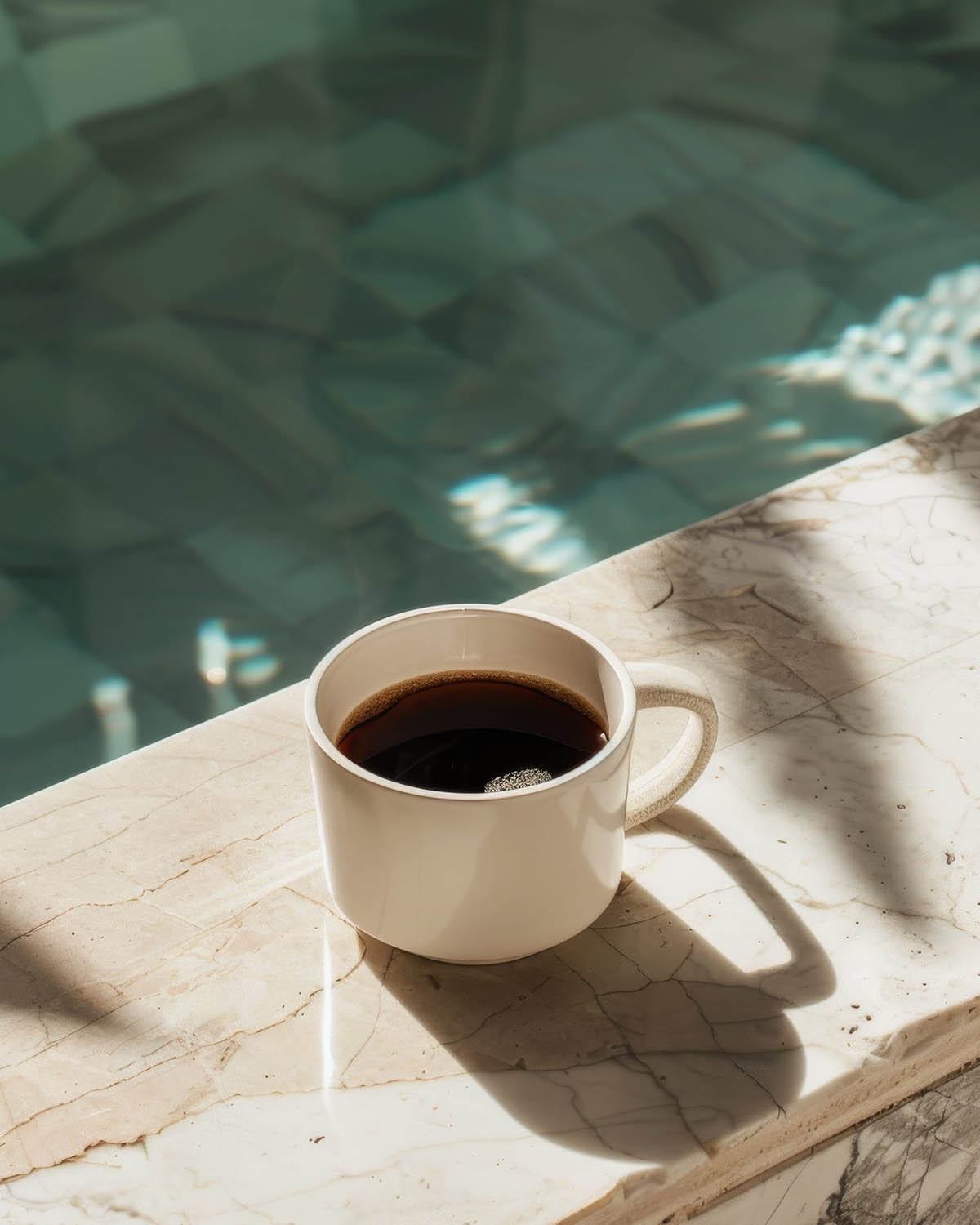 White mug of black coffee sitting on a sunlit marble ledge next to a swimming pool.
