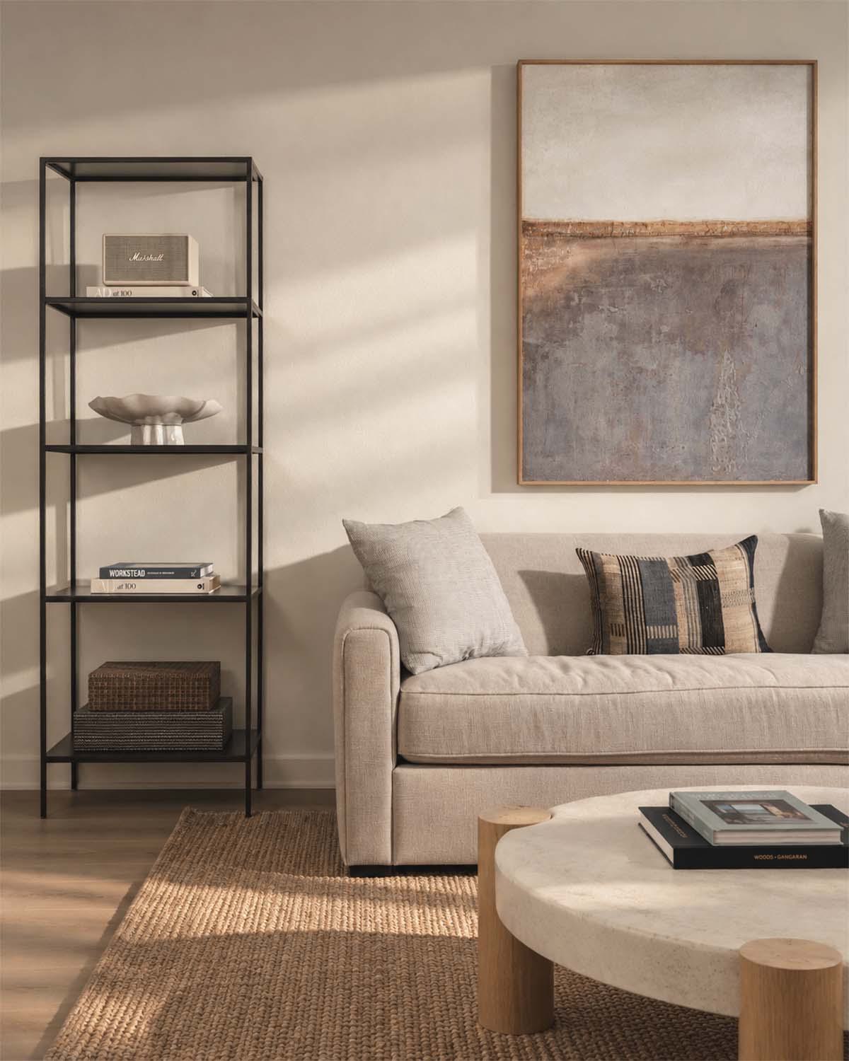 Sunlit modern living room with a fireplace, TV, sectional sofa, and potted plant.